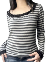 Vintage Spring Fall Casual Long Sleeve Lace Patchwork Black White Striped Streetwear Tee